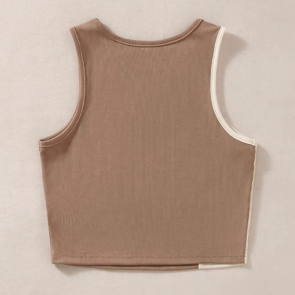 Mocha Coffee & Cream 2 Tone Color Block Rib Knit Crop Top - Picture 4 of 5